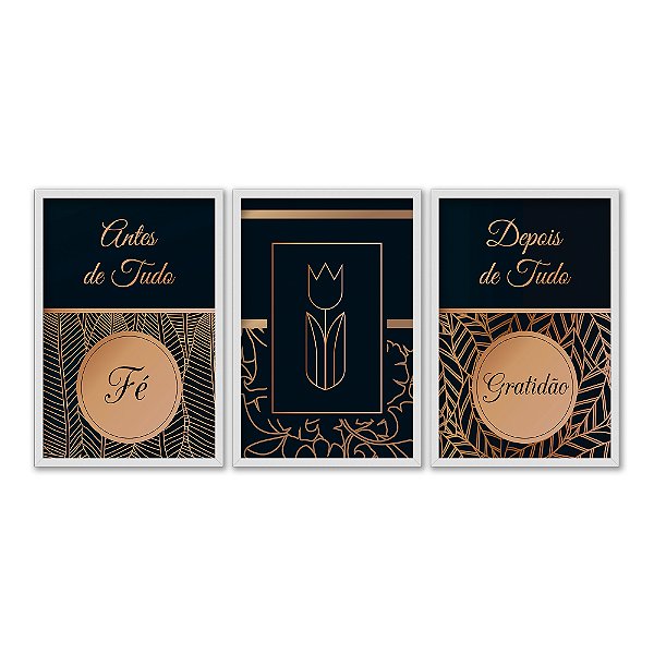 Kit 3 Quadros Decorativos Arte Com Detalhes Dourados Fundo Preto E Frases Religiosas