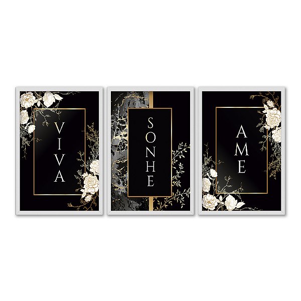 Kit 3 Quadros Decorativos Arte Floral Fundo Preto Viva Sonhe Ame