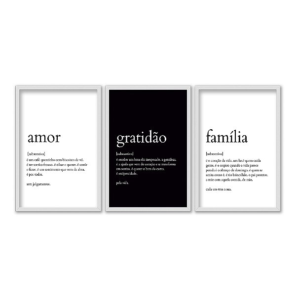 Kit 3 Quadros Decorativos Frases Em Fundo Branco e Preto Amor Gratidão Família