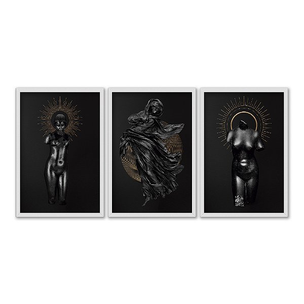 Kit 3 Quadros Decorativos Corpo Femino Negro Círculo Dourados
