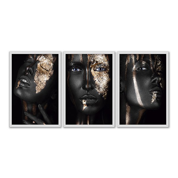 Kit 3 Quadros Decorativos Face Feminina Preto Com Detalhes Dourados