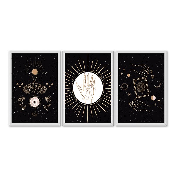 Kit 3 Quadros Decorativos Fundo Espacial Desenhos Místicos Dourados