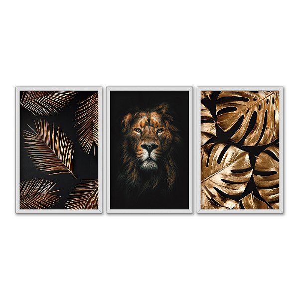 Kit 3 Quadros Decorativos Leão Encarando Plantas Douradas Abstrato