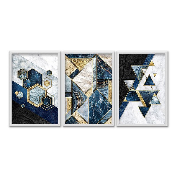 Kit 3 Quadros Decorativos Ladrilhos De Mármore Azul E Brancos Detalhes Dourados