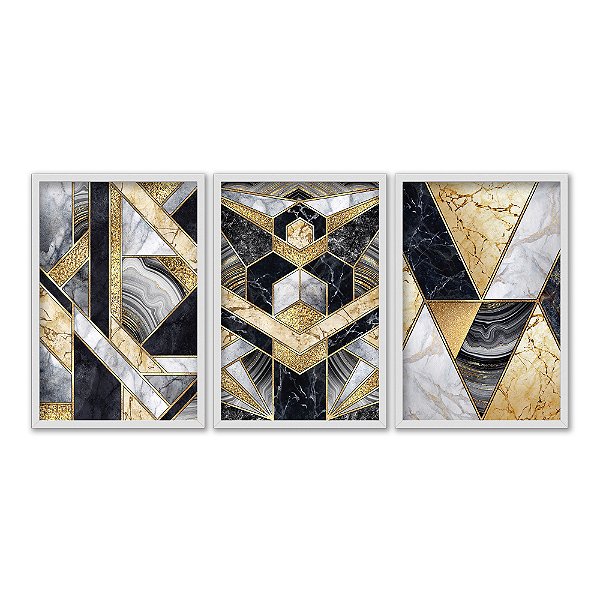 Kit 3 Quadros Decorativos Ladrilhos De Mármore Dourados Brancos E Pretos