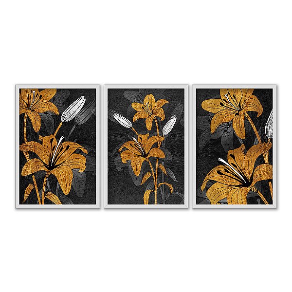 Kit 3 Quadros Decorativos Desenho Flor Amarela E Cinza Com Fundo Preto