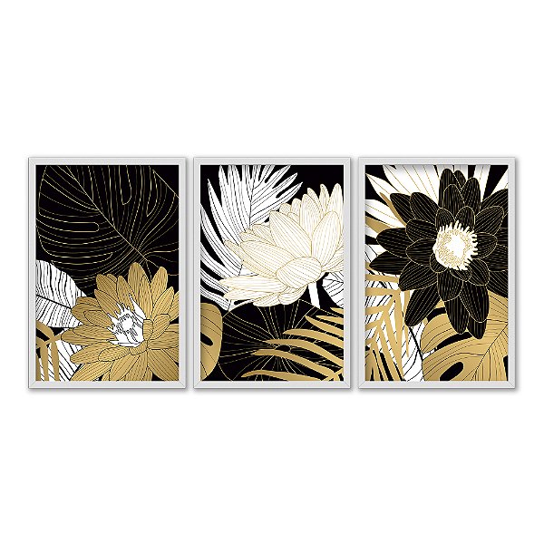Kit 3 Quadros Decorativos Flores Douradas Brancas e Pretas Fundo Preto