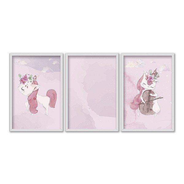 Kit 3 Quadros Decorativos Unicórnio Tocando Violino Fundo Rosa Infantil