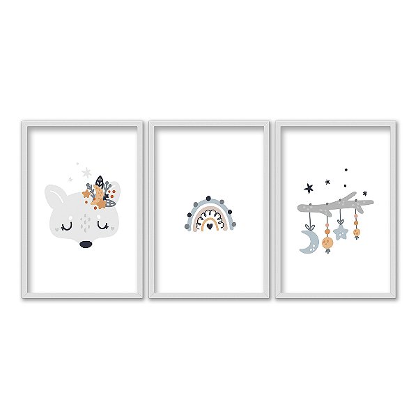Kit 3 Quadros Decorativos Desenhos Fofos Infantis Bebê Cinza E Amarelo