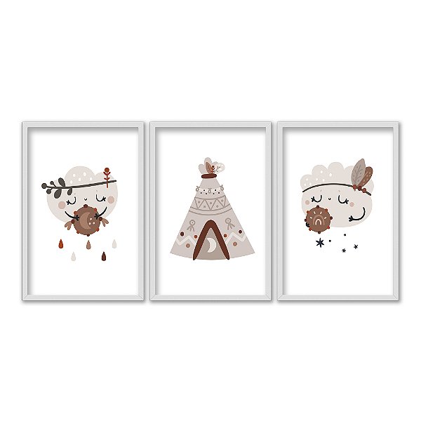 Kit 3 Quadros Decorativos Desenho de Nuvens Indiginas Infantil Bebê