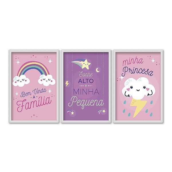 Kit 3 Quadros Decorativos Fundo Roxo Desenhos Estrela Arco Íris Núvem Frases Bebê