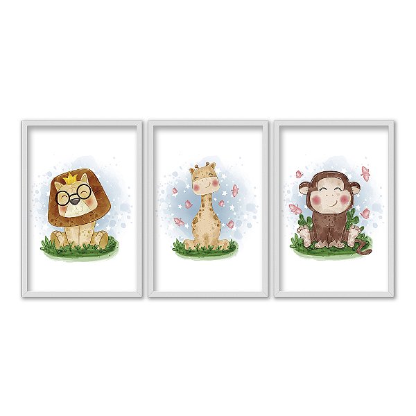 Kit 3 Quadros Decorativos Desenho Infantil Leão Girafa e Macaco