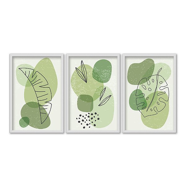 Kit 3 Quadros Decorativos Fomas Verdes Variadas E Plantas Abstrato Moderno