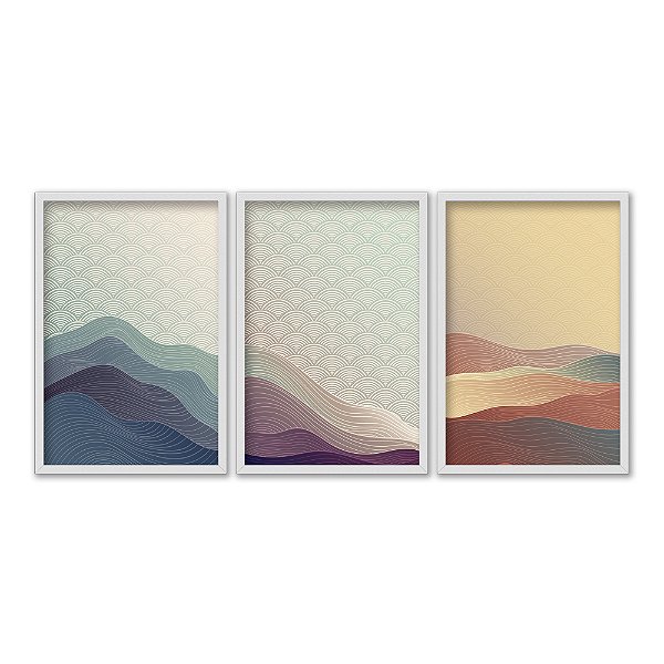 Kit 3 Quadros Decorativos Montanhas Coloridas Ceú Em Ondas Japonêsas