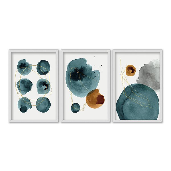 Kit 3 Quadros Decorativos Círculos Não Uniformes Azuis Detalhes Dourados