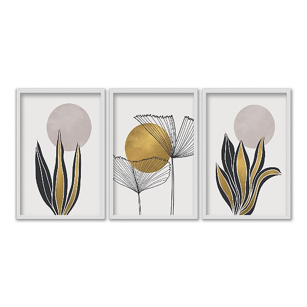 Kit 3 Quadros Decorativos Efeito Pintura Pantas Disco De Ouro Ao Fundo