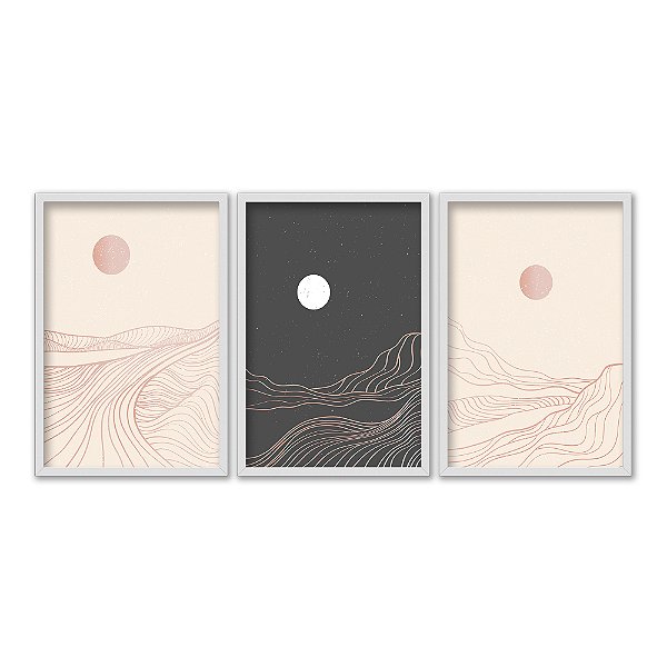 Kit 3 Quadros Decorativos Desenho Do Horizonte Bege e Preto Linhas Rosê