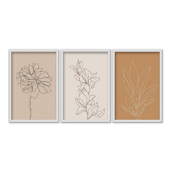 Kit 3 Quadros Decorativos Desenho De Plantas E Flores Fundo Tons de Marrom