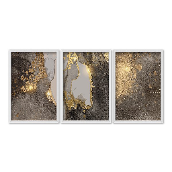 Kit 3 Quadros Decorativos Abstrato Mármore Preto E Dourado Com Folhas De Ouro
