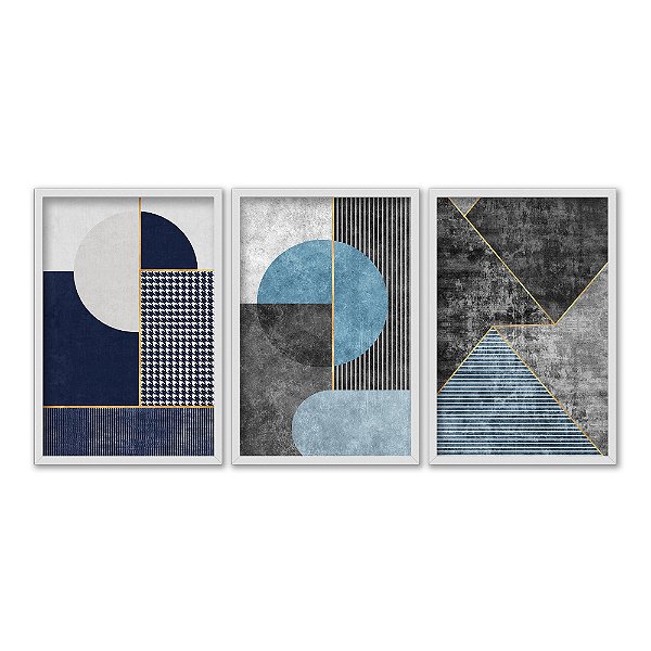 Kit 3 Quadros Decorativos Formas Geométricas Variadas Texturidas Azul E Cinza