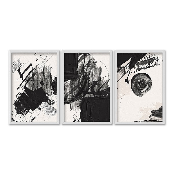 Kit 3 Quadros Decorativos Manchas Rabiscos Piceladas De Tinta Preta Abstrato