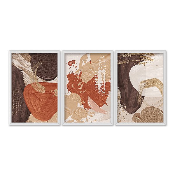 Kit 3 Quadros Decorativos Efeito Pintura Manchas de Tintas Boho Abstrato