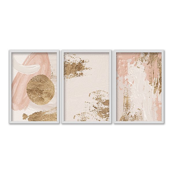 Kit 3 Quadros Decorativos Efeito Pintura Pinceladas de Tinta Rosa Círculo De Ouro