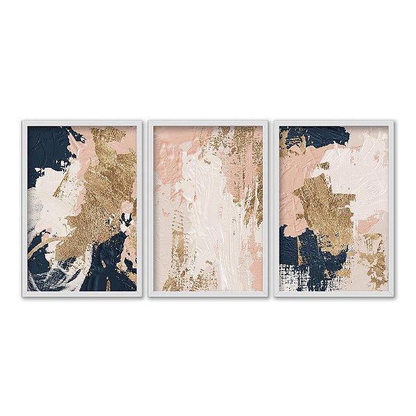 Kit 3 Quadros Decorativos Efeito Pintura Pinceladas de Tinta Azul Rosa Detalhes Dourados