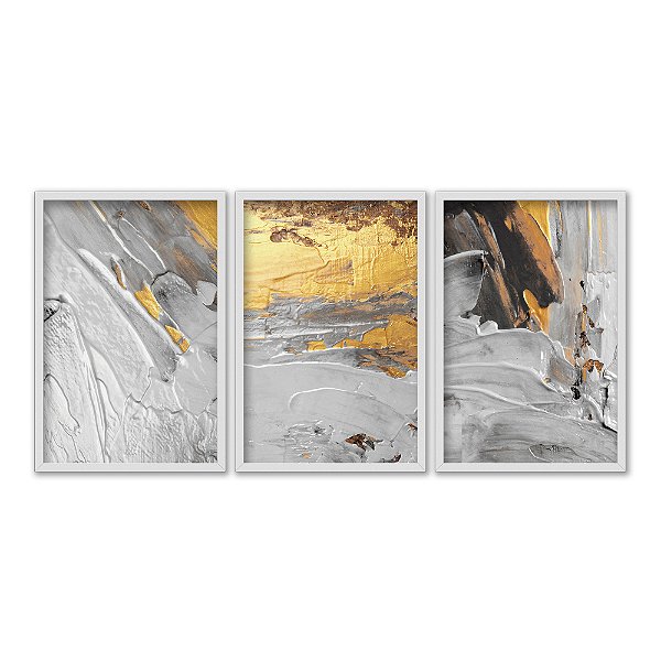 Kit 3 Quadros Decorativos Efeito Pintura Manchas de Tinta Azul Rosa Detalhes Dourados