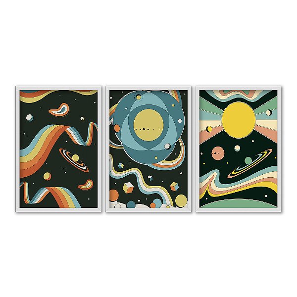 Kit 3 Quadros Decorativos Estação Espacial Psicodélico Planetas Colorido Abstrato