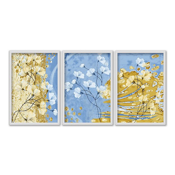 Kit 3 Quadros Decorativos Flores Amarelas Refletidas No Lago Azul Efeito Pintura