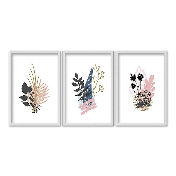 Kit 3 Quadros Decorativos Folhas E Flores Em Um Vaso Minimalista