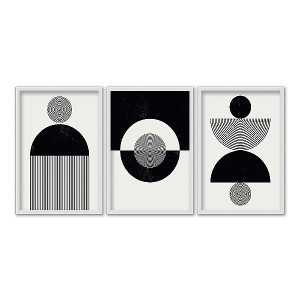 Kit 3 Quadros Decorativos Preto E Branco Circulos E Listras Abstratas