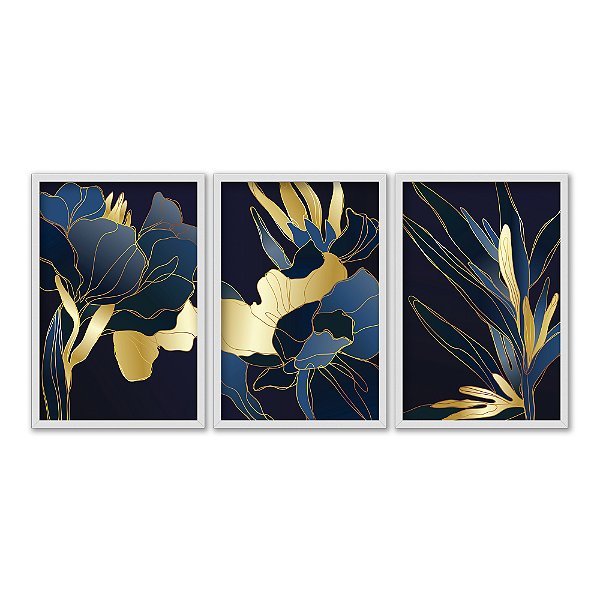 Kit 3 Quadros Decorativos Flores Azuis Fundo Azul Marinho Detalhes Dourados