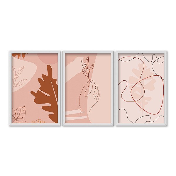 Kit 3 Quadros Decorativos Desenhos Abstratos Boho Plantas Riscos