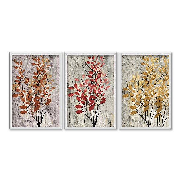 Kit 3 Quadros Decorativos Folhas Vermelhas E Amarelas Sobre Fundo Cinza Abstrato