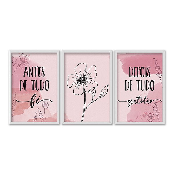 Kit 3 Quadros Decorativos Desenho Flor Fundo Rosa Frase Regiliosa