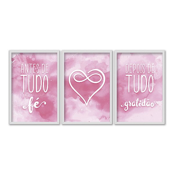 Kit 3 Quadros Decorativos Coração Símbolo Infinito Fundo Rosa Frase Religiosa
