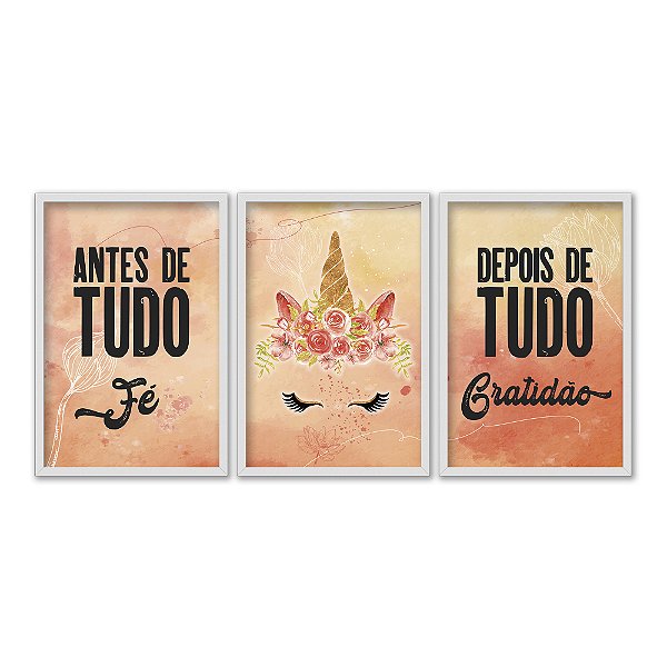 Kit 3 Quadros Decorativos Unicórnio Fundo Laranja Frase Religiosa