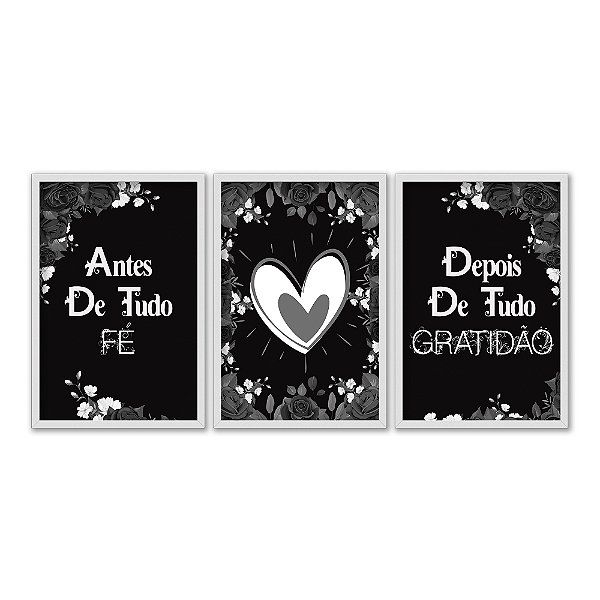 Kit 3 Quadros Decorativos Desenho Preto E Branco Coração Rodeado De Rosas Frase Religiosa