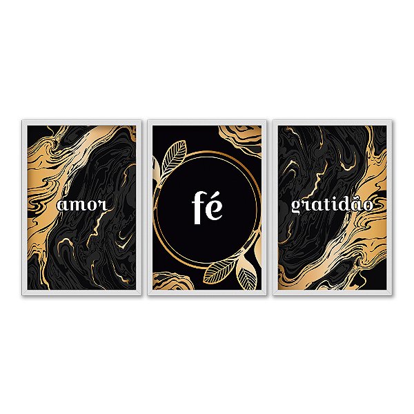 Kit 3 Quadros Decorativos Fundo Preto E Dourado Amor Fé Gratidão