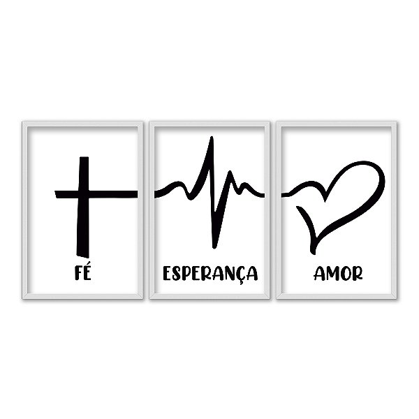 Kit 3 Quadros Decorativos Batimento Cardíaco Fé Eperança Amor Preto E Branco