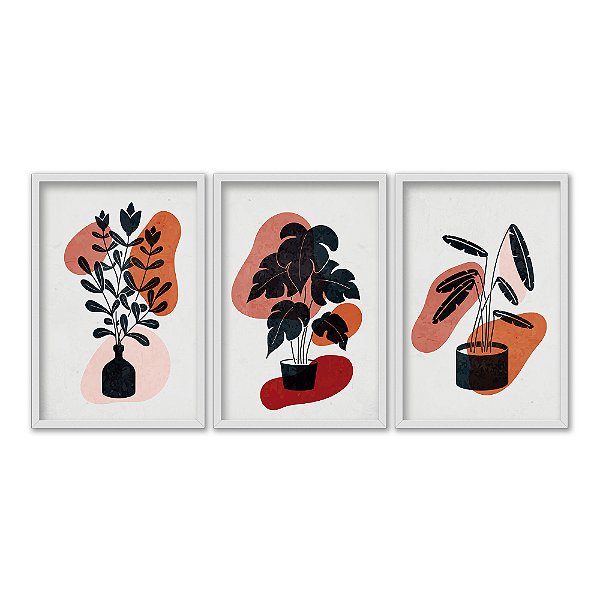 Kit 3 Quadros Decorativos Boho Formas Coloridas Plantas Pretas e Brancas