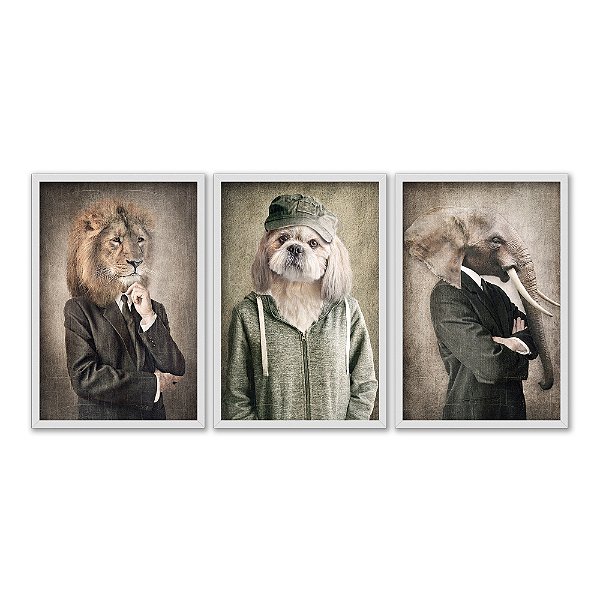Kit 3 Quadros Decorativos Animais Usando Roupas Humanas Fundo Bege