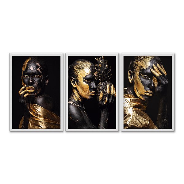 Kit 3 Quadros Decorativos Mulher Preto Tintura Dourada Abstrato
