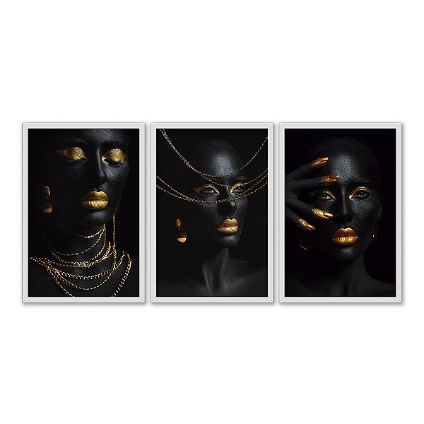 Kit 3 Quadros Decorativos Mulher Preto Tintura Dourada Colares Dourados Abstrato