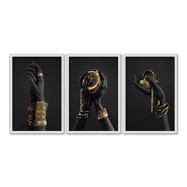 Kit 3 Quadros Decorativos Mãos Segurando Joias De Ouro