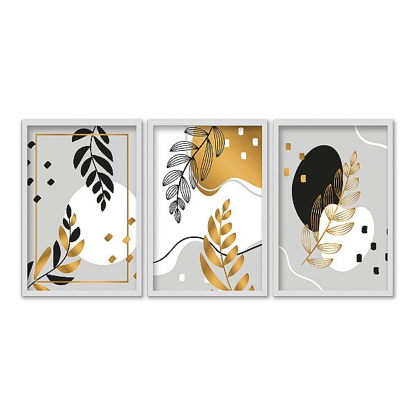 Kit 3 Quadros Decorativos Plantas Pretas e Douradas Fundo Cinza Abstrato