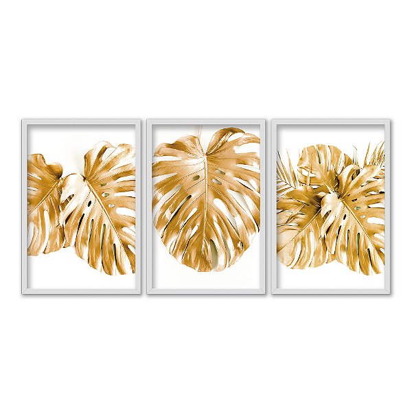 Kit 3 Quadros Decorativos Costelas De Adão Douradas Fundo Branco