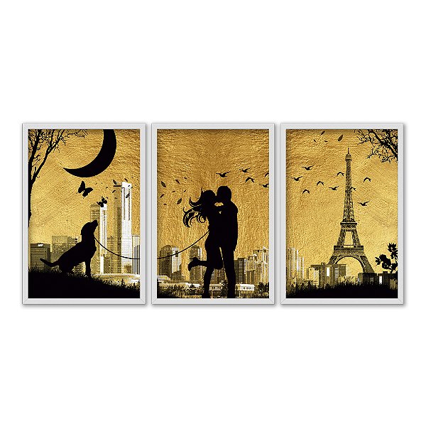 Kit 3 Quadros Decorativos SilhuetaCasal Se Beijando Em Frente Ao Horizonte De de Paris
